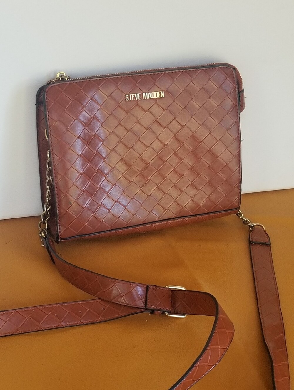 Steve Madden Brown Woven Crossbody Bag with Gold Hardware